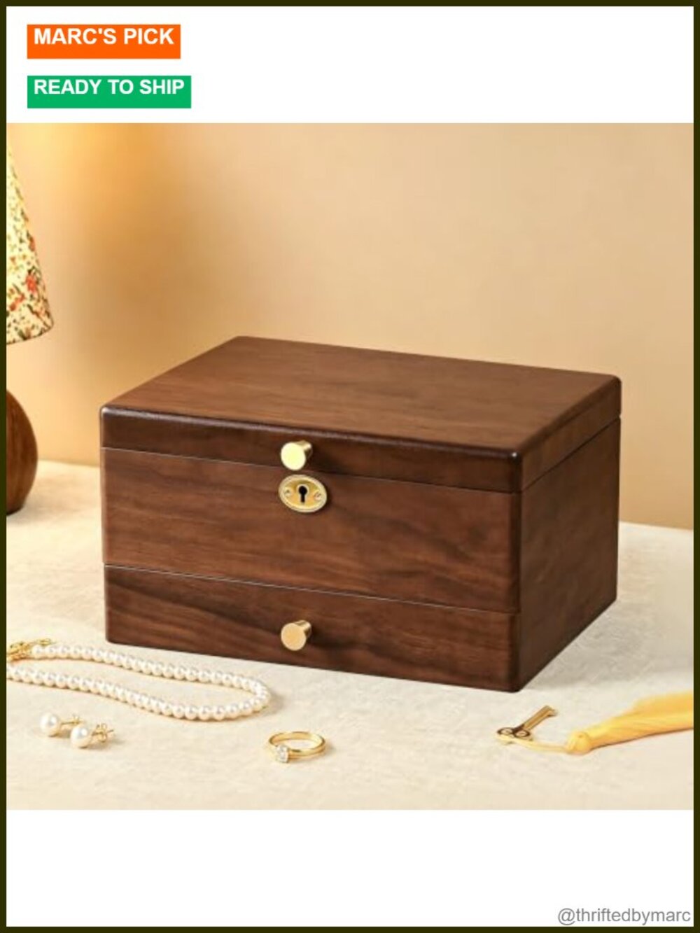 Solid Black Walnut Wooden Jewelry Box 3 Layer Lock Organizer Case
